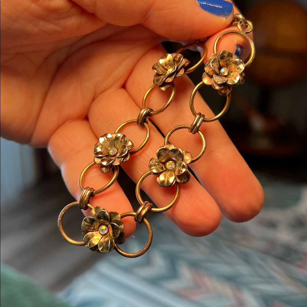 Vintage Gold Filled Sterling Silver Flower Iridescent Rhinestone Bracelet - Picture 2 of 9
